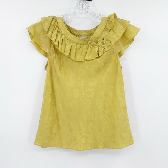 Leifsdottir Anthropologie 100% Silk Ruffle Blouse Gold Floral Texture Womens 0 - Picture 3 of 11
